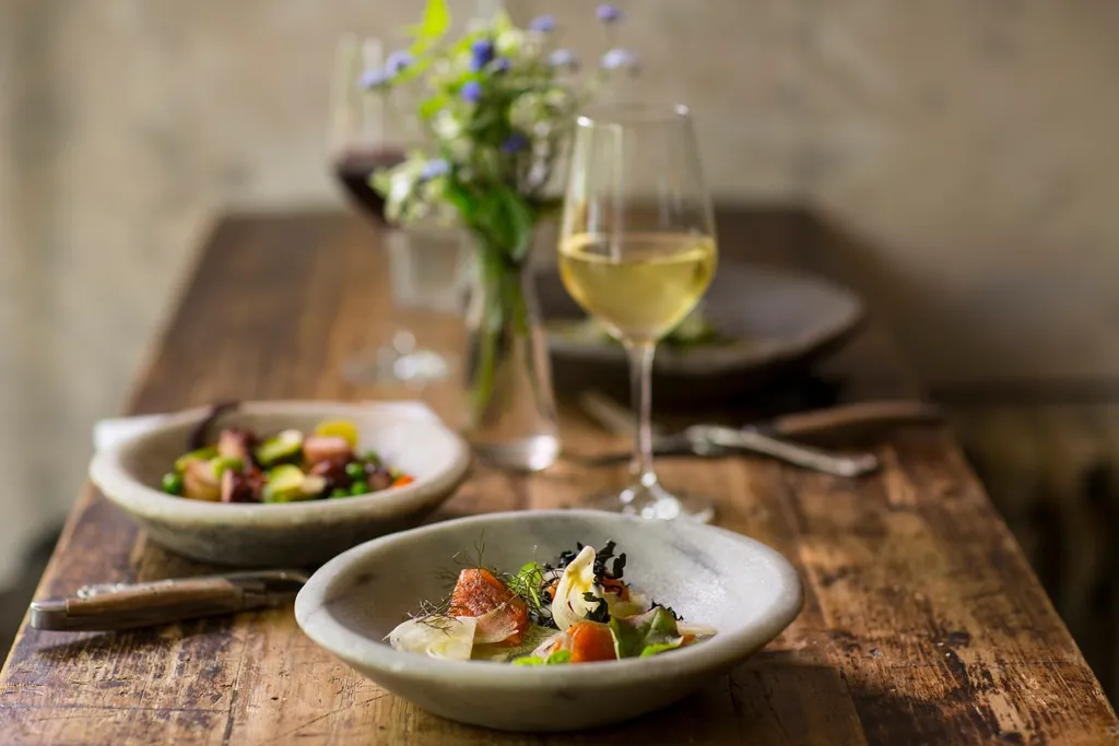 table seafood salad, wine, cutlery
