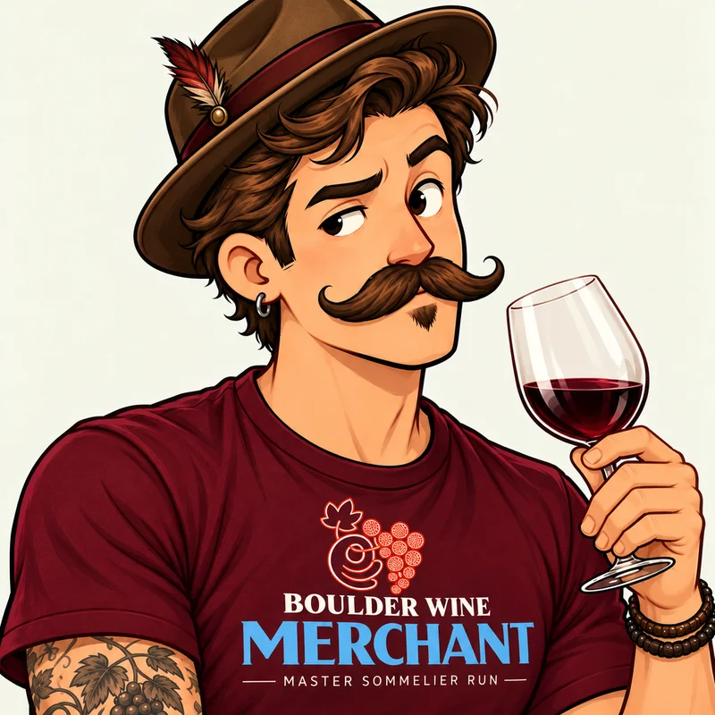A drawing of Chaz, the shop's AI assistant, in a brown hat with a glass of red wine