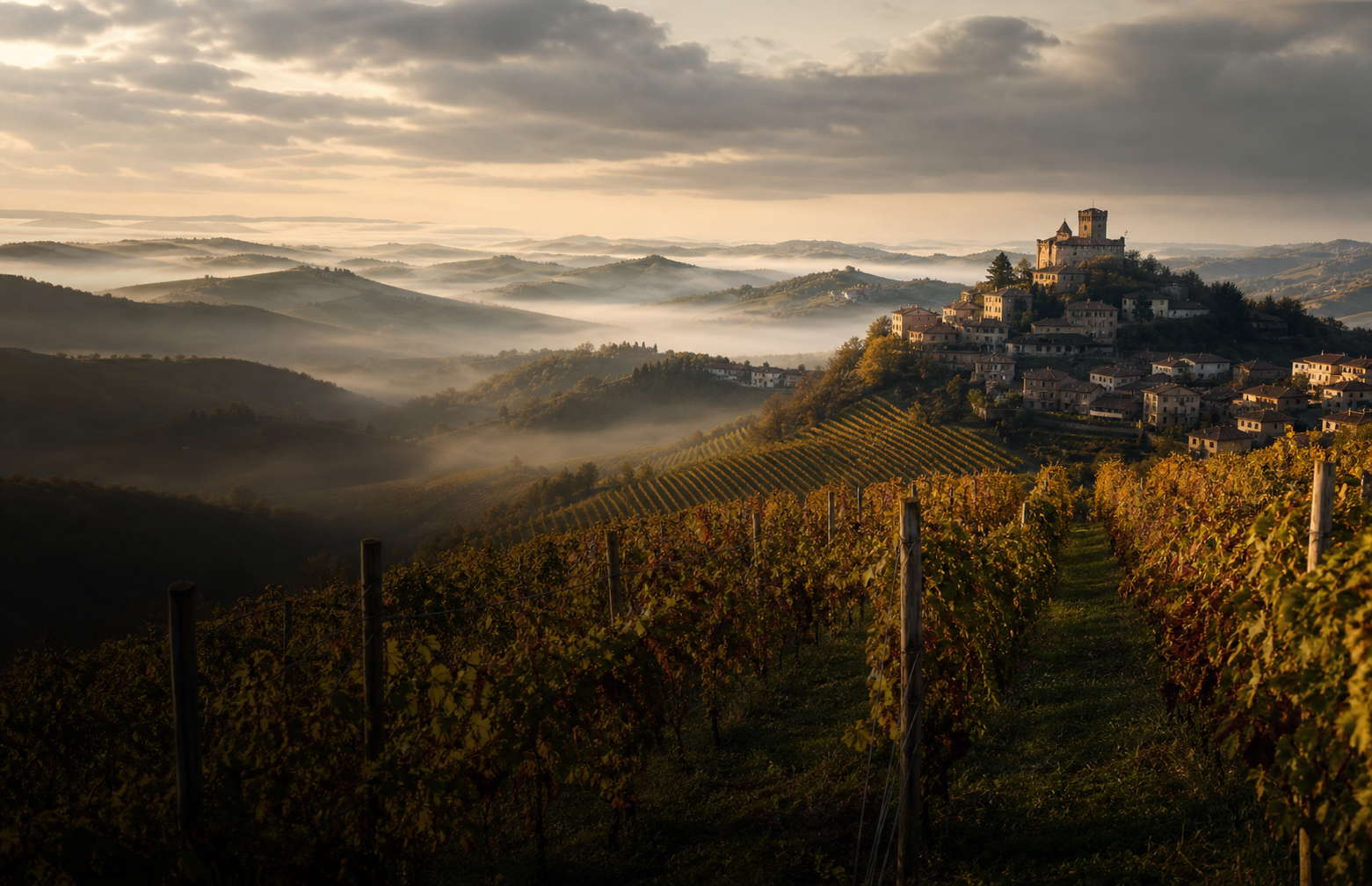 Burgundy vineyards near a historic stone village at golden hour
