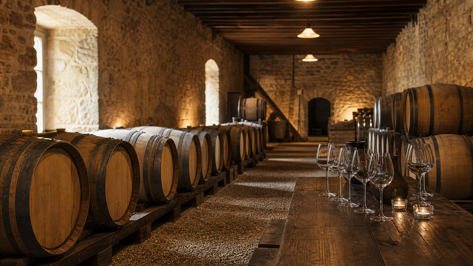 Traditional European winery cellar with oak barrels and tasting glasses