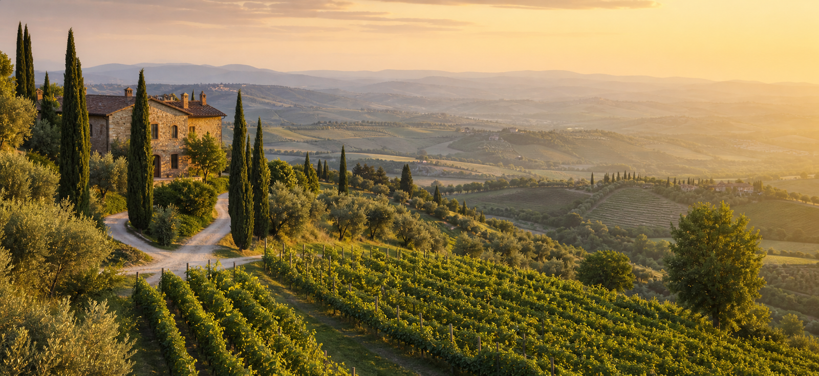 Tuscan vineyard hills and cypress trees in warm evening light