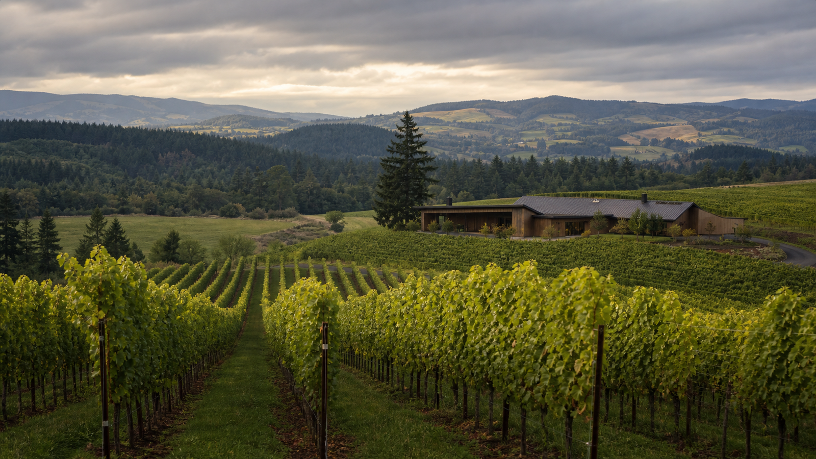 European winery estate with vineyard rows and stone building